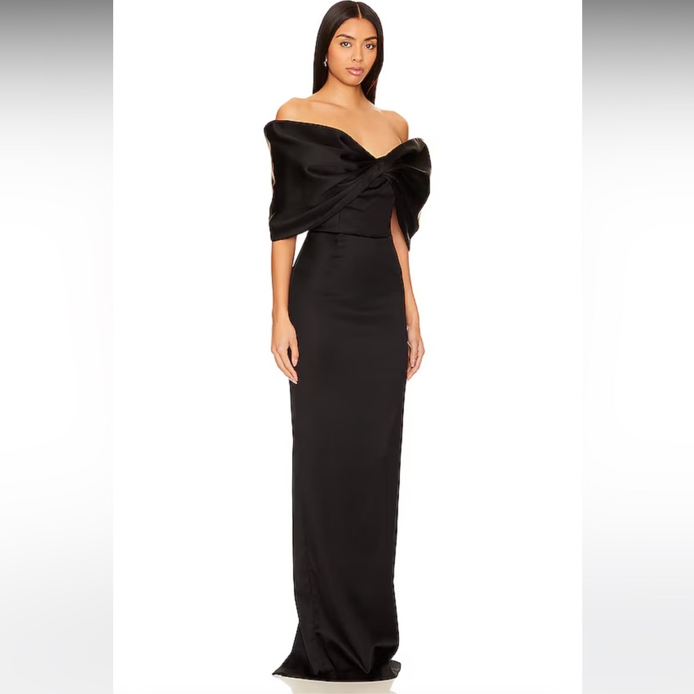 Off-Shoulder Black Satin Maxi Dress